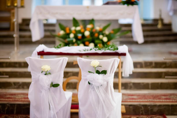 istock Beautiful church decorated for wedding ceremony 638632612