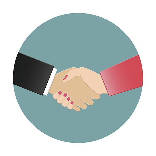 istock Business man and business woman shaking hands 638635296