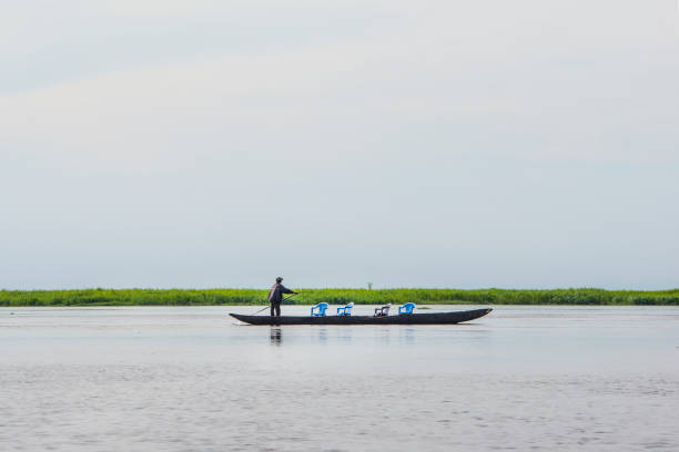 Taxi pirouge at the Congo River Kinshasa, Democratic Republic of Congo - November 23, 2014: A young congolese man is paddling with his taxi pirogue (dugout canoe) on the Congo river in the outskirts of the Congolese capital Kinshasa. On the pirogue there are four plastic chairs for the clients of the taxi boat.  kinshasa stock pictures, royalty-free photos & images