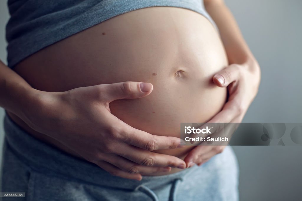 young pregnant girl in a gray t-shirt and pants young pregnant girl in a gray t-shirt and pants standing at the window of the house Adult Stock Photo