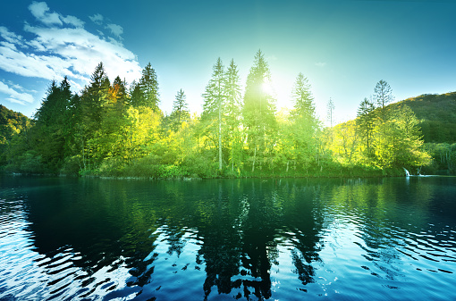 Mountain lake and mountains and forest distant, Sunshine Coast