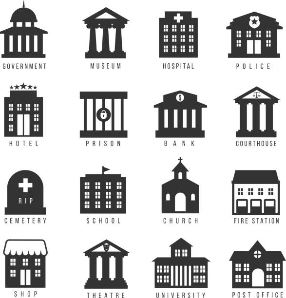 Government building icon set Government building icon set. Vector buildings like university, police office and city hall, hospital and museum. Urban, buildin, prison and hotel, cemetery and bank illustration bank financial building silhouettes stock illustrations