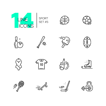 Kinds of sport - modern vector line design icons set. Basketbal, football, bowling, baseball, ping-pong, rugby, swimming, t-shirt, boxing, skating, tennis skate boarding hockey weight lifting