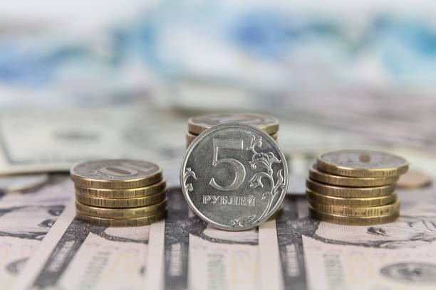 istock Coins column and coin in five Russian rubles 638646560