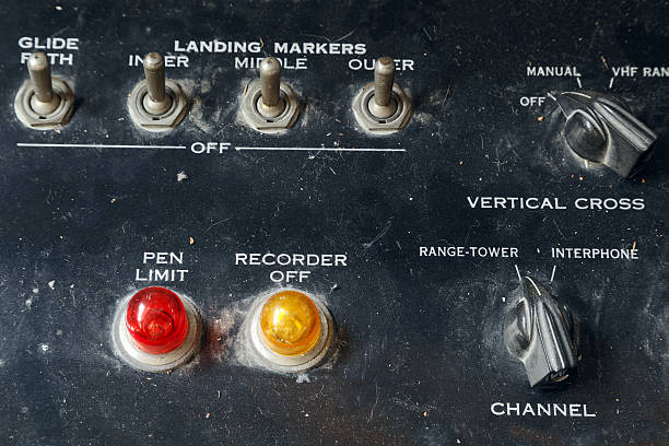 vintage control panel with switches and indicators - old airplane macro horizontal imagens e fotografias de stock