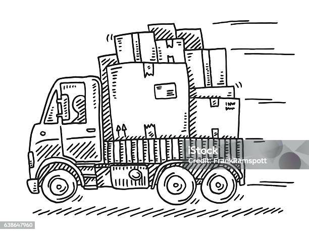 Delivery Van With Many Parcels Drawing Stock Illustration - Download Image Now - Drawing - Art Product, Truck, Delivering