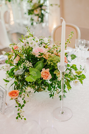 Flower arrangement wedding table. Wedding decor nature