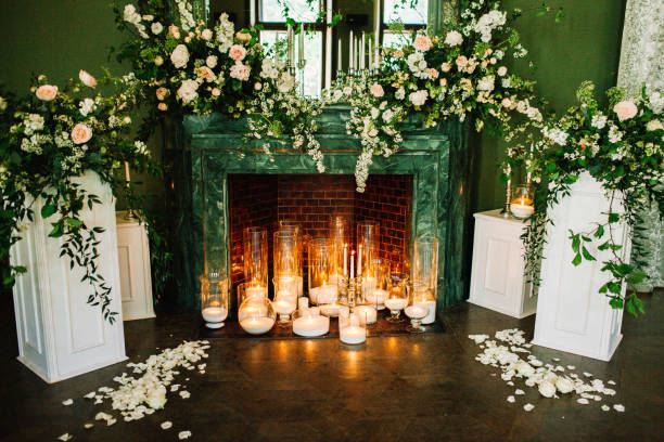 istock Fireplace decorated with flowers and candles 638650812