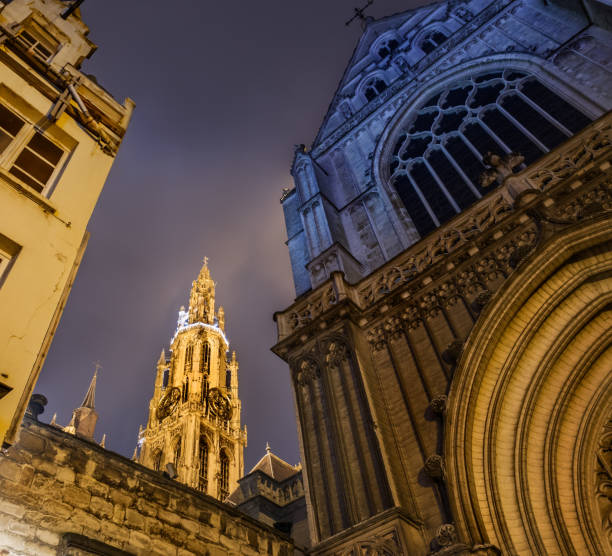 Antwerp Cathedral at night stock photo