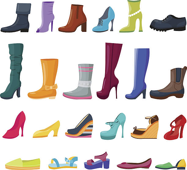 illustrazioni stock, clip art, cartoni animati e icone di tendenza di set di scarpe e stivali colorati per donne e uomini - pump shoe