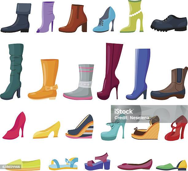 Set Of Colorful Shoes And Boots For Women And Men Stock Illustration - Download Image Now - Shoe, Women, Boot