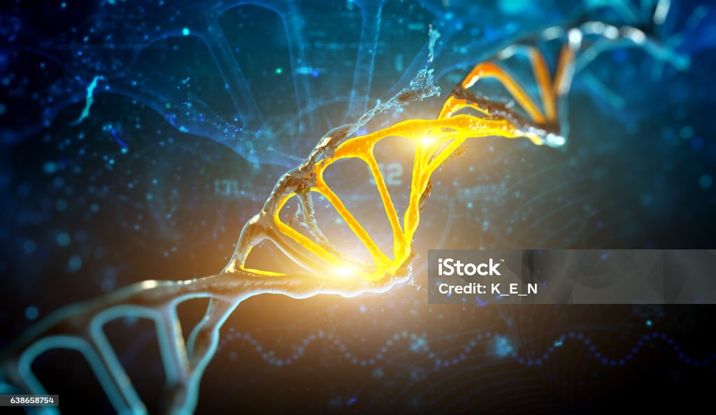 Digital illustration DNA structure in blue background 3d render illustration DNA structure in blue background. Genetic Research Stock Photo