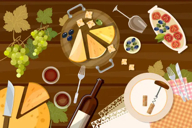 Vector illustration of Wine and cheese tasting top view, wine bottle and grapes