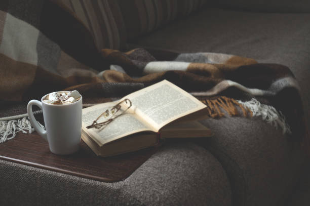 Cup of hot coffee with marmalade book points the blanket on the couch