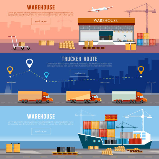 ilustrações de stock, clip art, desenhos animados e ícones de global logistics. cargo transportation - distribution warehouse illustrations