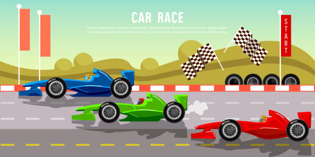 Car racing banner. Tyre drift on race circuit finish line vector art illustration