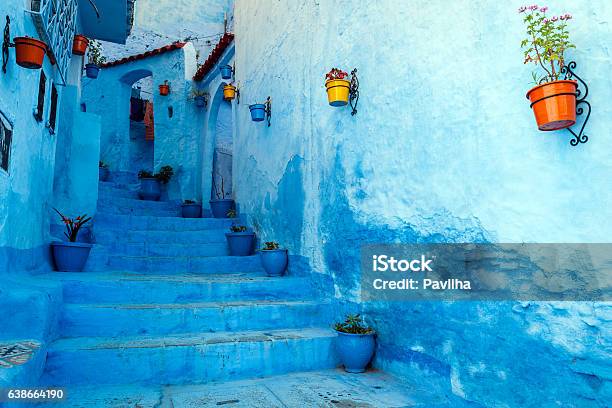 Blue Staircase Colourful Flowerpots Chefchaouenmorocconorth Africa Stock Photo - Download Image Now