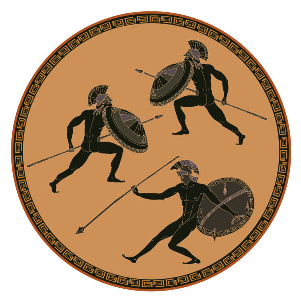 Ancient Greek soldiers. Black figure pottery Ancient Greek soldiers. Black figure pottery. Ancient Greece mural painting. Spartans, gladiators ancient greece stock illustrations