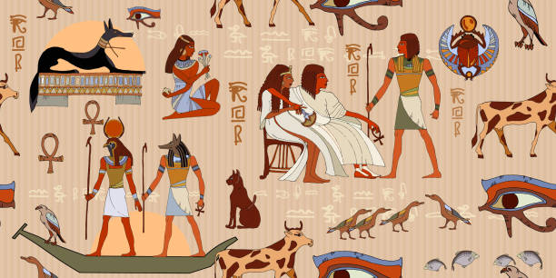 ilustraciones, imágenes clip art, dibujos animados e iconos de stock de patrón sin fisuras del antiguo egipto - hieroglyphics egypt egyptian culture nefertiti
