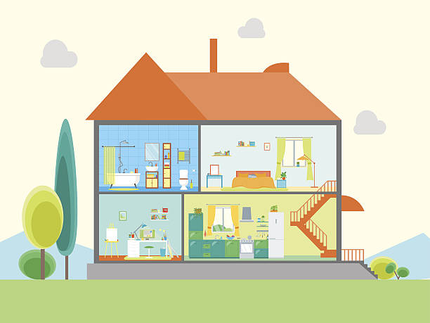 House in Cut View. Vector House in Cut View Basic Room of Home Basic Room of Home. Flat Design Style Vector illustration couch side view stock illustrations
