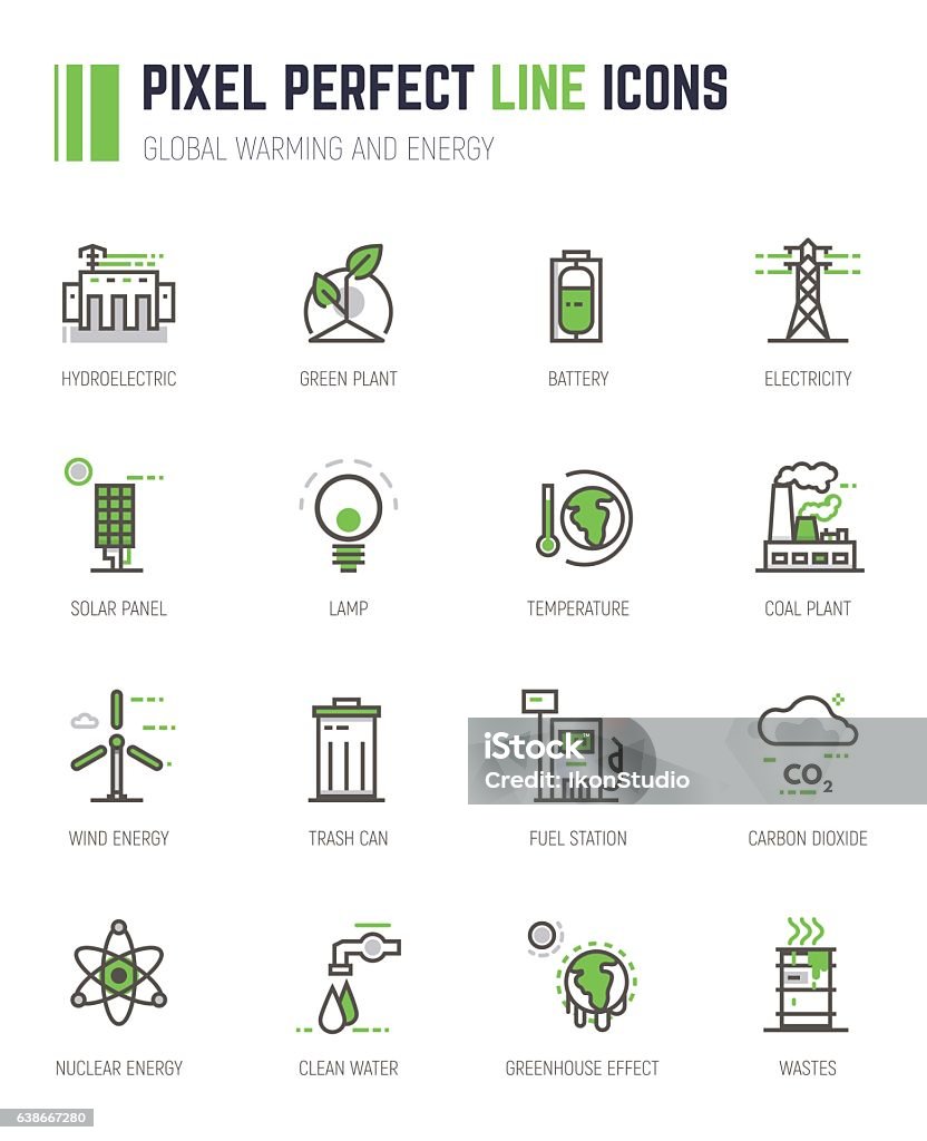 Global warming and energy line icons Set of pixel line icons. Alternative energy sources icons. Global warming and climate change concept. Sustainable energy. Fuel and Power Generation stock vector