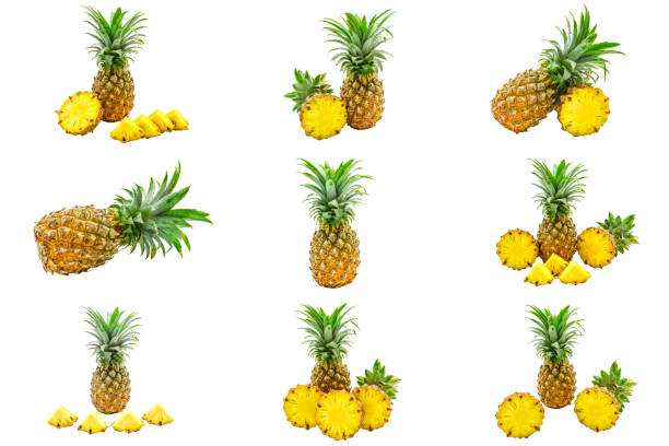 Isolated set of pineapples fruit slices on white background with clipping path