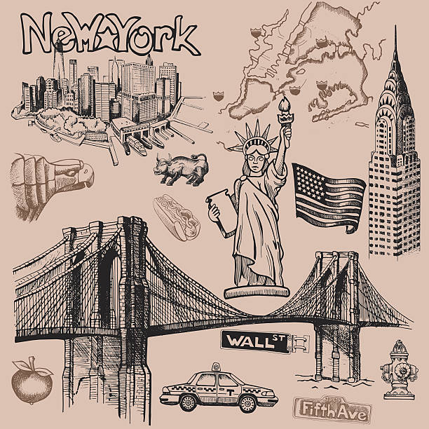 illustrazioni stock, clip art, cartoni animati e icone di tendenza di new york doodle mano libera - ponte di brooklyn