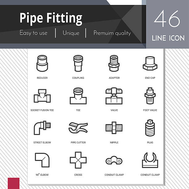 Pipe fitting elements vector icons set on white background. Pipe fitting elements vector icons set on white background.  Premium quality outline  symbol collection. Stroke vector logo concept, web graphics. coupling stock illustrations