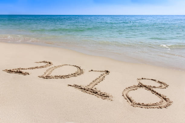 istock Year 2018 written at the sand beach with sea wave 638671214