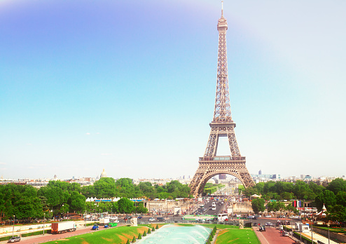 view of Eiffel Tower and Paris cityscape in summer day, France, retro toned