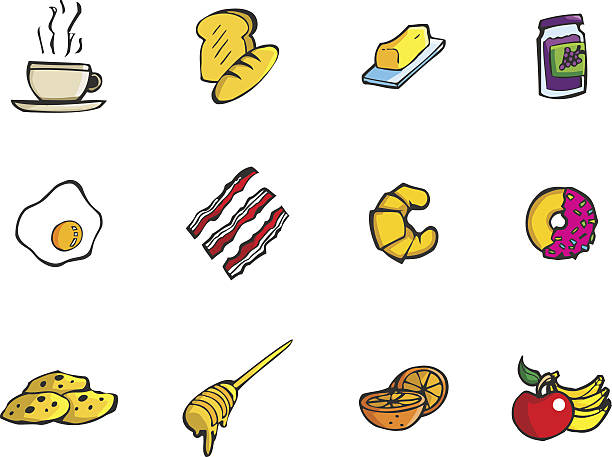 ilustraciones, imágenes clip art, dibujos animados e iconos de stock de conjunto de iconos de merienda de desayuno vectorial - french toast breakfast bacon isolated