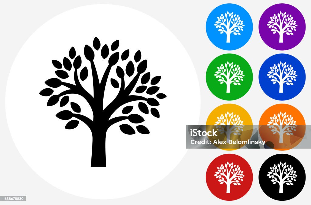 Tree Icon on Flat Color Circle Buttons Tree Icon on Flat Color Circle Buttons. This 100% royalty free vector illustration features the main icon pictured in black inside a white circle. The alternative color options in blue, green, yellow, red, purple, indigo, orange and black are on the right of the icon and are arranged in two vertical columns. Tree stock vector