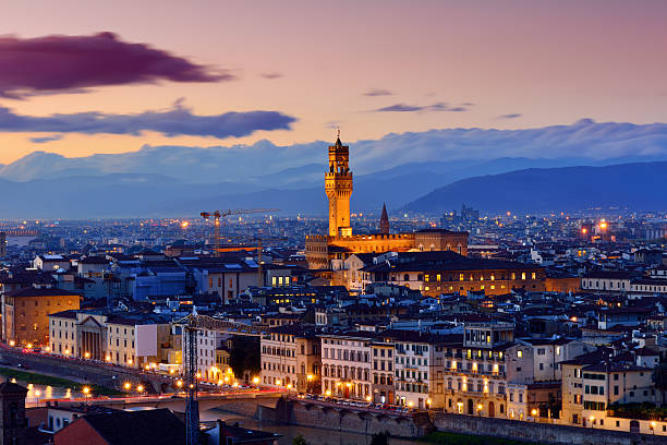 Florence cityscape and Piazza Di Santa Croce at sunset, Florence, Italy.
