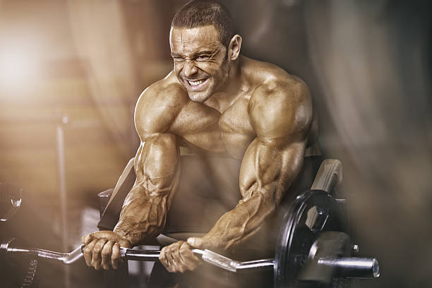 training mit gewichten  - abdominal muscle muscular build barbell bicep stock-fotos und bilder