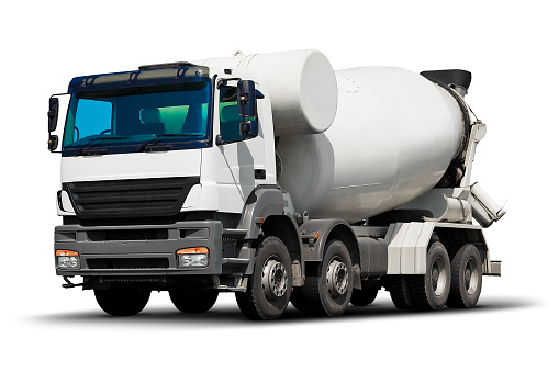 Creative abstract building and construction industry, shipping logistics transportation, roadworks and cargo freight transport industrial business commercial concept: heavy concrete or cement mixer truck vehicle isolated on white background