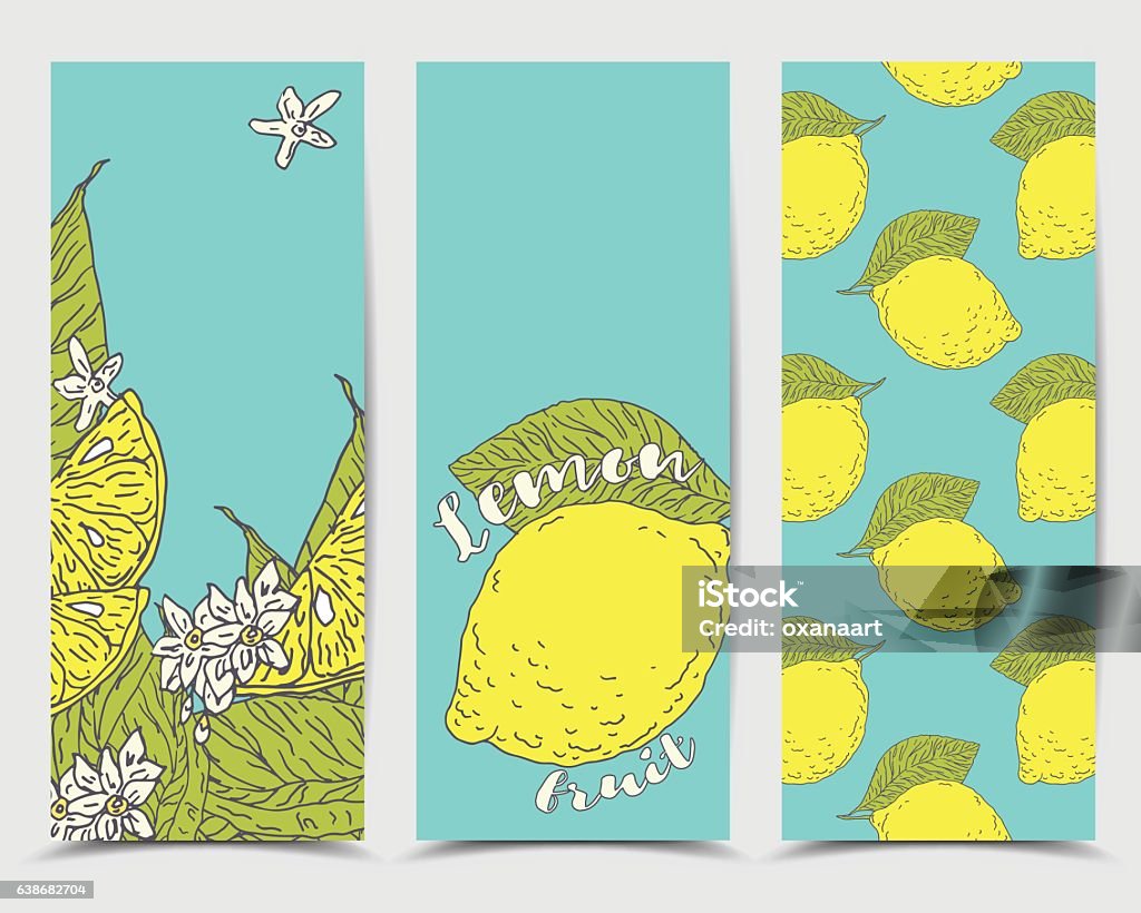 Brochure cover template Juicy lemon with leaves, slices and flowers Brochure cover template Juicy lemon with leaves, slices and flowers - vector hand drawn illustration. Sketch of ripe citrus fruit, decorative frame composition, blank template for your text Blank stock vector