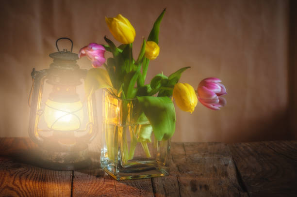 istock bouquet of tulips with the lighted lamp 638683366