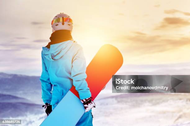 Snowboarder Woman Girl Sunrise Mountain Top Stock Photo - Download Image Now - Skiing, Snowboarding, Snowboard