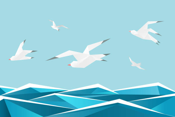 istock Paper sea with birds. Vector origami gulls above waves  background 638685772