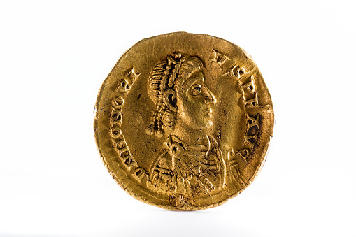 Ancient Roman gold solidus coin of Emperor Honorius.