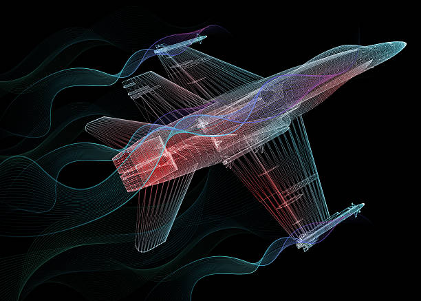 Thermal View of The Fighter Airplane design on the virtual reality simulator. aerodynamic photos stock pictures, royalty-free photos & images