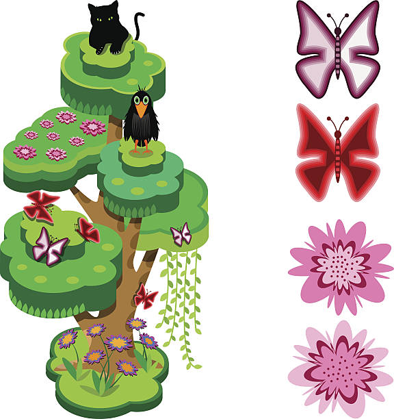 Animal tree Animal tree. Flowers, butterflies, crow and black panther. Isometric view. Vector illustration. baobab flower stock illustrations