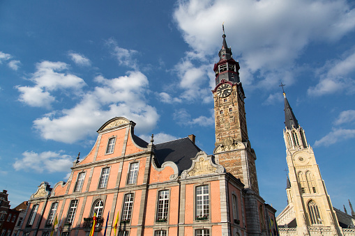 The town hall in the historical centre of Sint-Truiden, Belgium, with a 17th-century tower classified by UNESCO as a World Heritage Site in 1999.