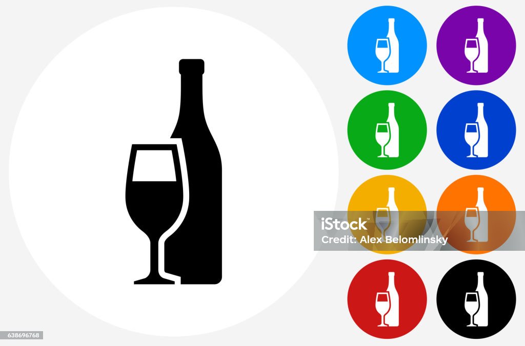 Bottle and Glass Icon on Flat Color Circle Buttons Bottle and Glass Icon on Flat Color Circle Buttons. This 100% royalty free vector illustration features the main icon pictured in black inside a white circle. The alternative color options in blue, green, yellow, red, purple, indigo, orange and black are on the right of the icon and are arranged in two vertical columns. Alcohol - Drink stock vector