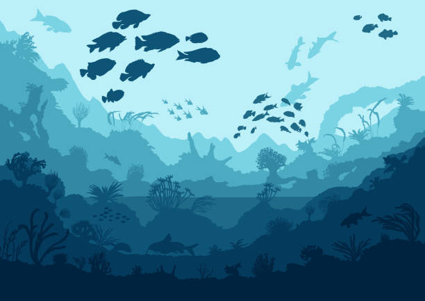 coral reef and sea creatures coral reef and sea creatures, vector illustration fish silhouettes stock illustrations