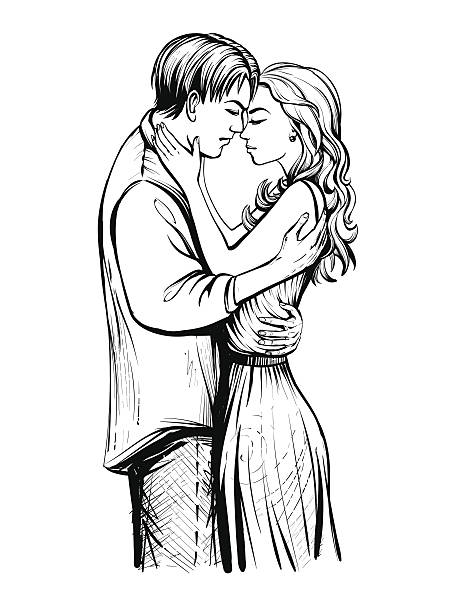 Hugging couple in love. Couple in love, black and white hand drawn sketch. Romantic scene with hugging man and woman. Line art vector illustration. clingy girlfriend stock illustrations