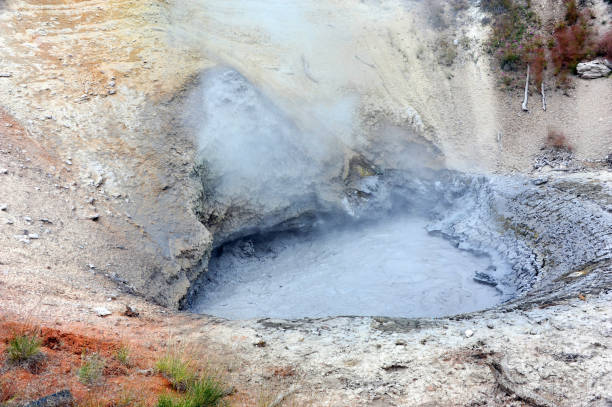 Sulphur and Steam Mud volcano steams in Yellowstone National Park in Wyoming. Sulphur and steam rise in vapors from cauldron. mud volcano yellowstone stock pictures, royalty-free photos & images