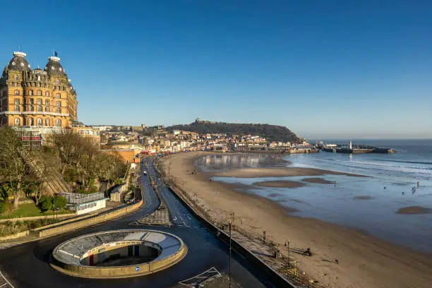 The main road and beach in Scarborough