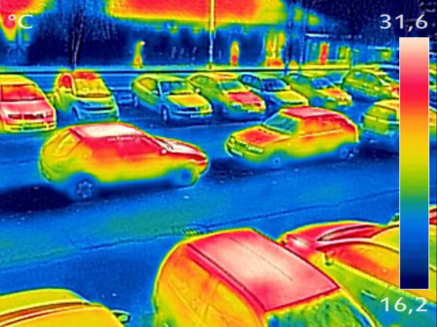 Thermal image showing parked cars Thermal image showing parked cars at town parking lot energy fuel and power generation city urban scene stock pictures, royalty-free photos & images