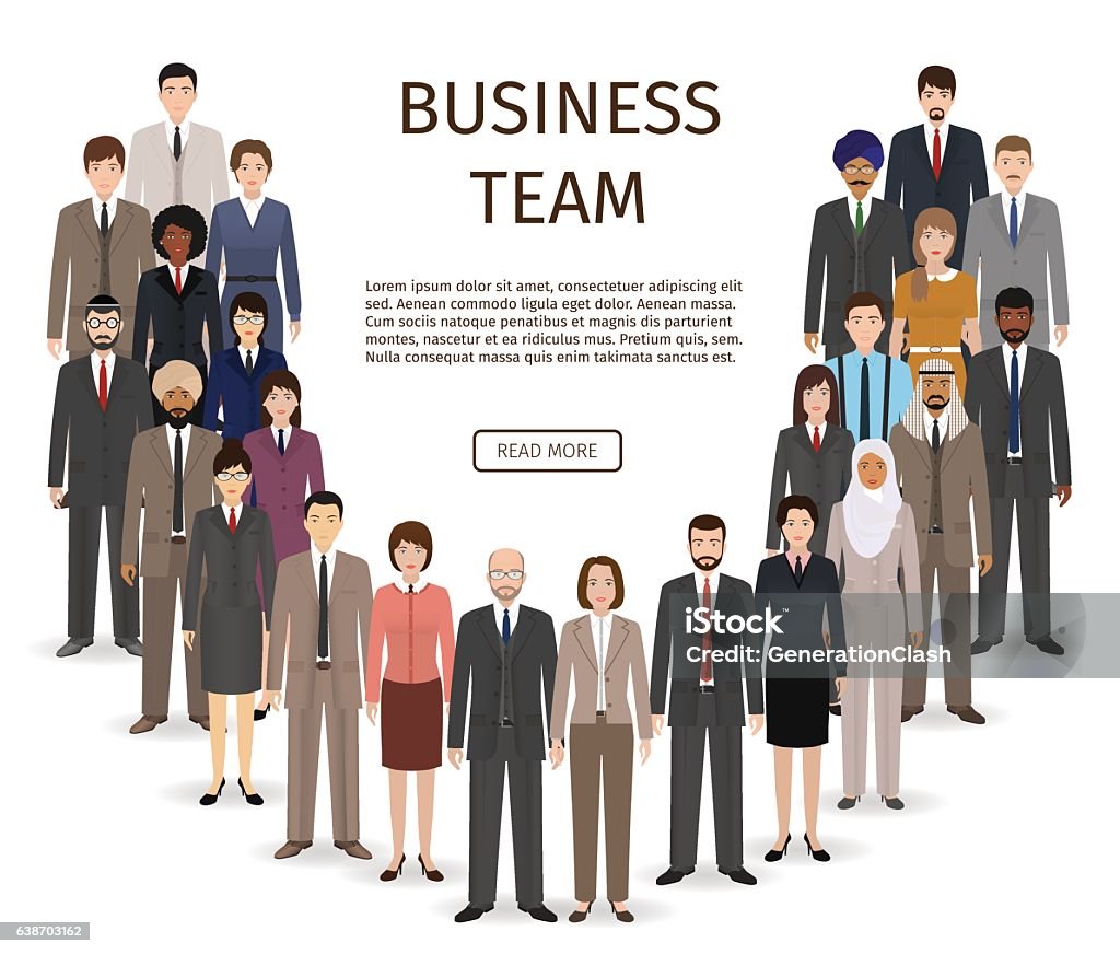 International business team. Group of office employee people standing together. International business team. Group of office employee people standing together. Teamwork concept. Vector illustration. Business stock vector